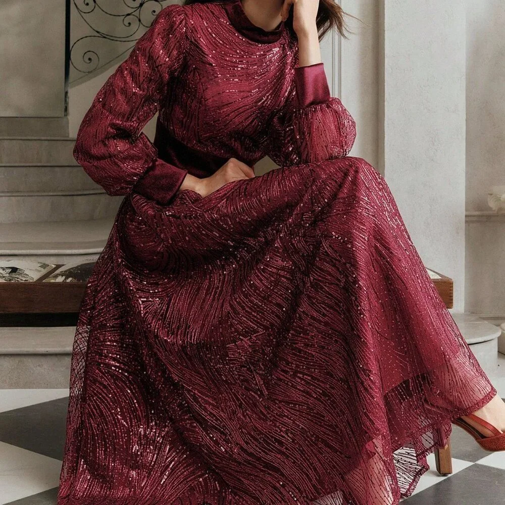 Burgundy Elegant Women's Sequin Velvet Patchwork Waist Dress